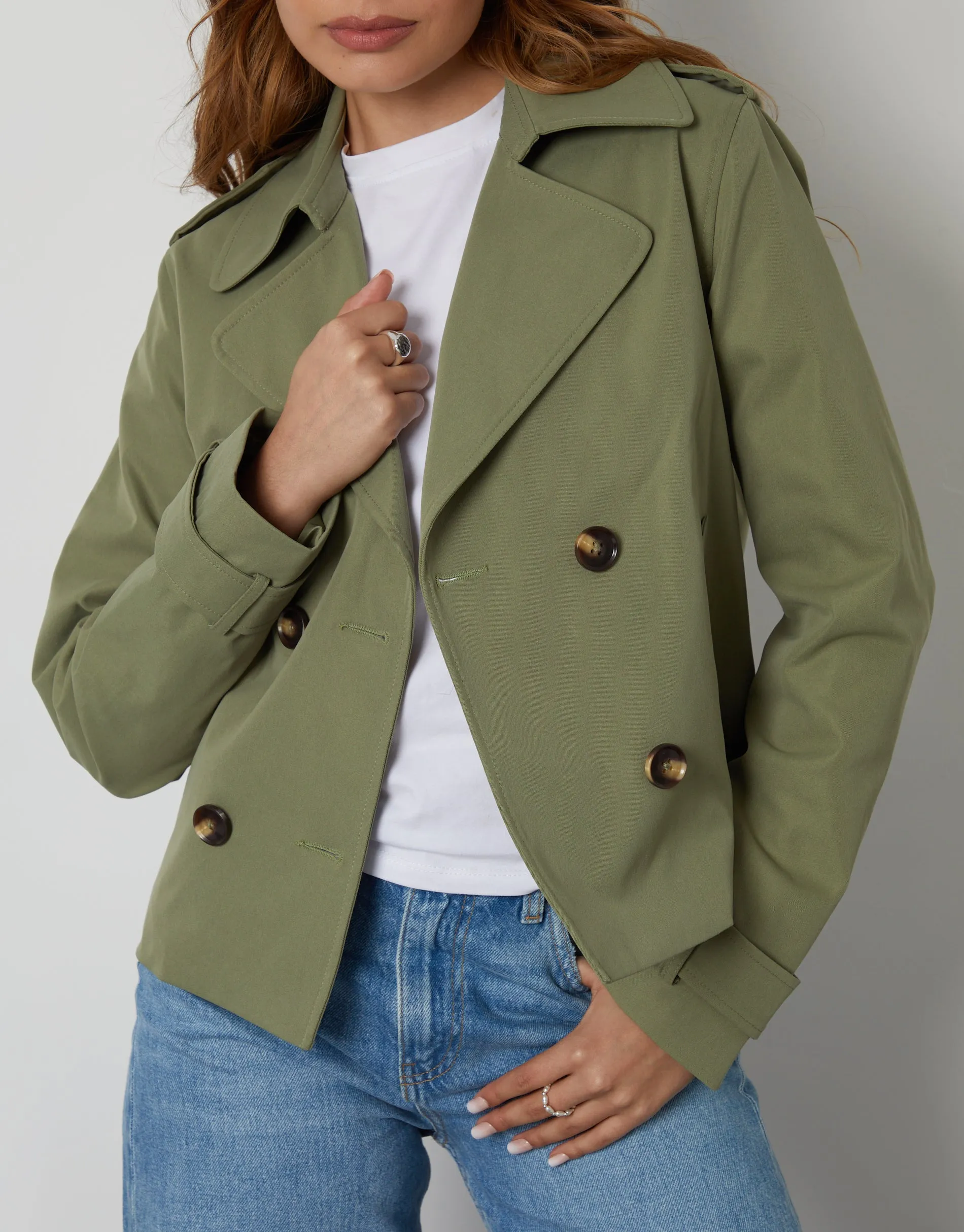 Threadbare Women's Khaki Green Double Breasted Cropped Trench Coat sold by Threadbare product image thumbnail 5