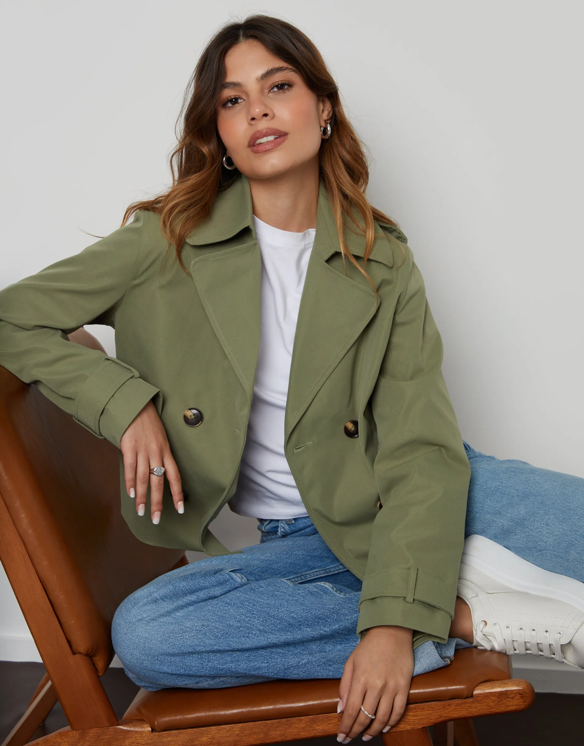 Threadbare Women's Khaki Green Double Breasted Cropped Trench Coat sold by Threadbare product image thumbnail 4