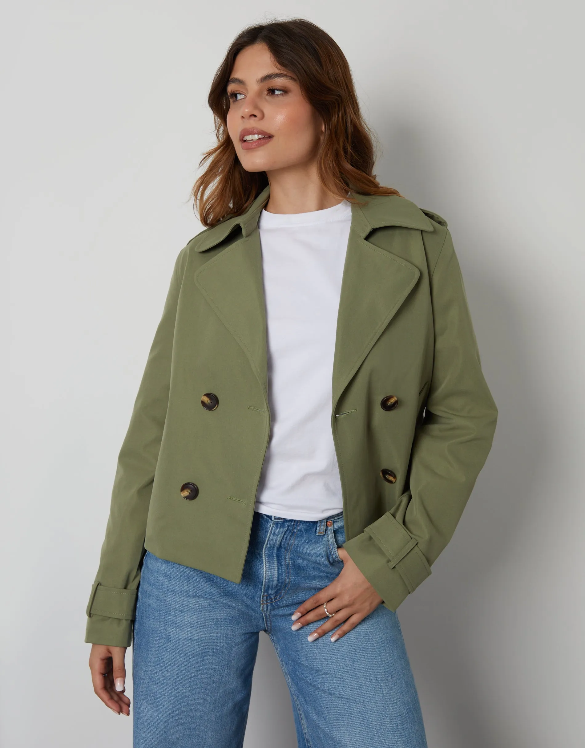Threadbare Women's Khaki Green Double Breasted Cropped Trench Coat sold by Threadbare