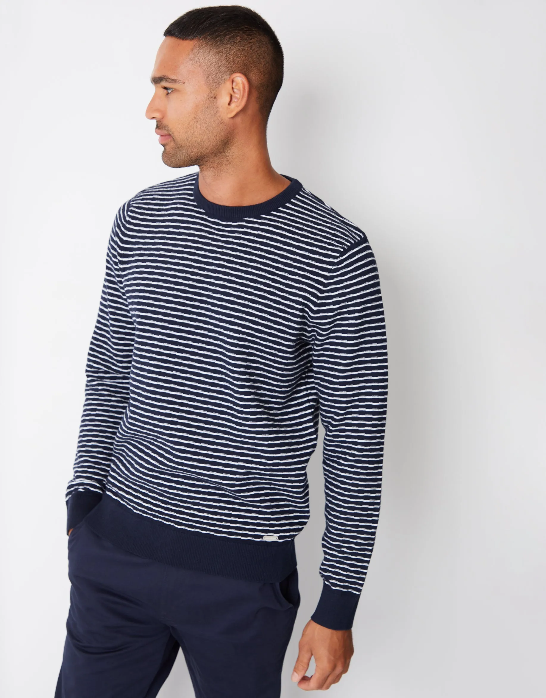 Men's Navy Stripe Textured Knit Crew Neck Jumper sold by Threadbare