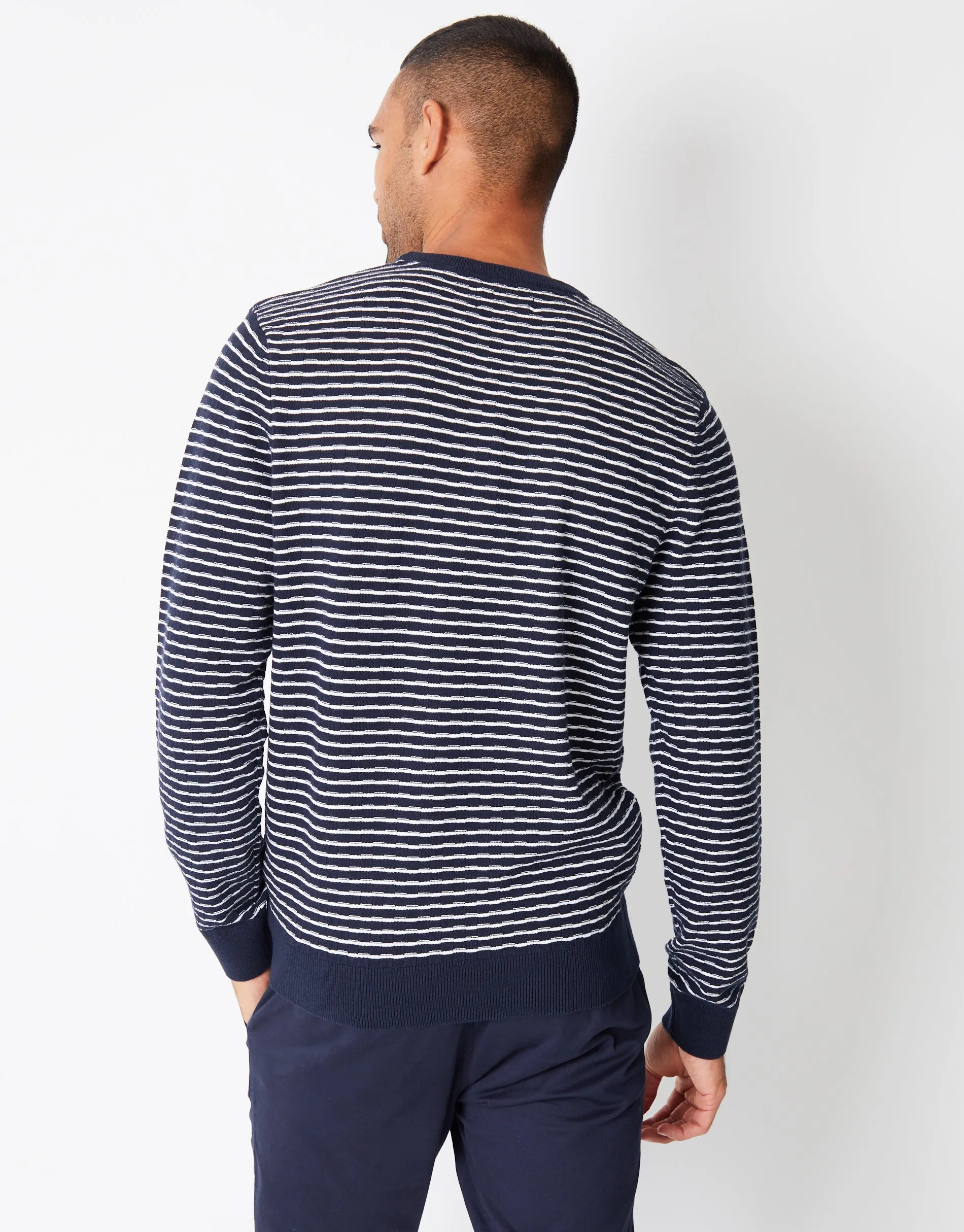 Men's Navy Stripe Textured Knit Crew Neck Jumper sold by Threadbare product image thumbnail 2