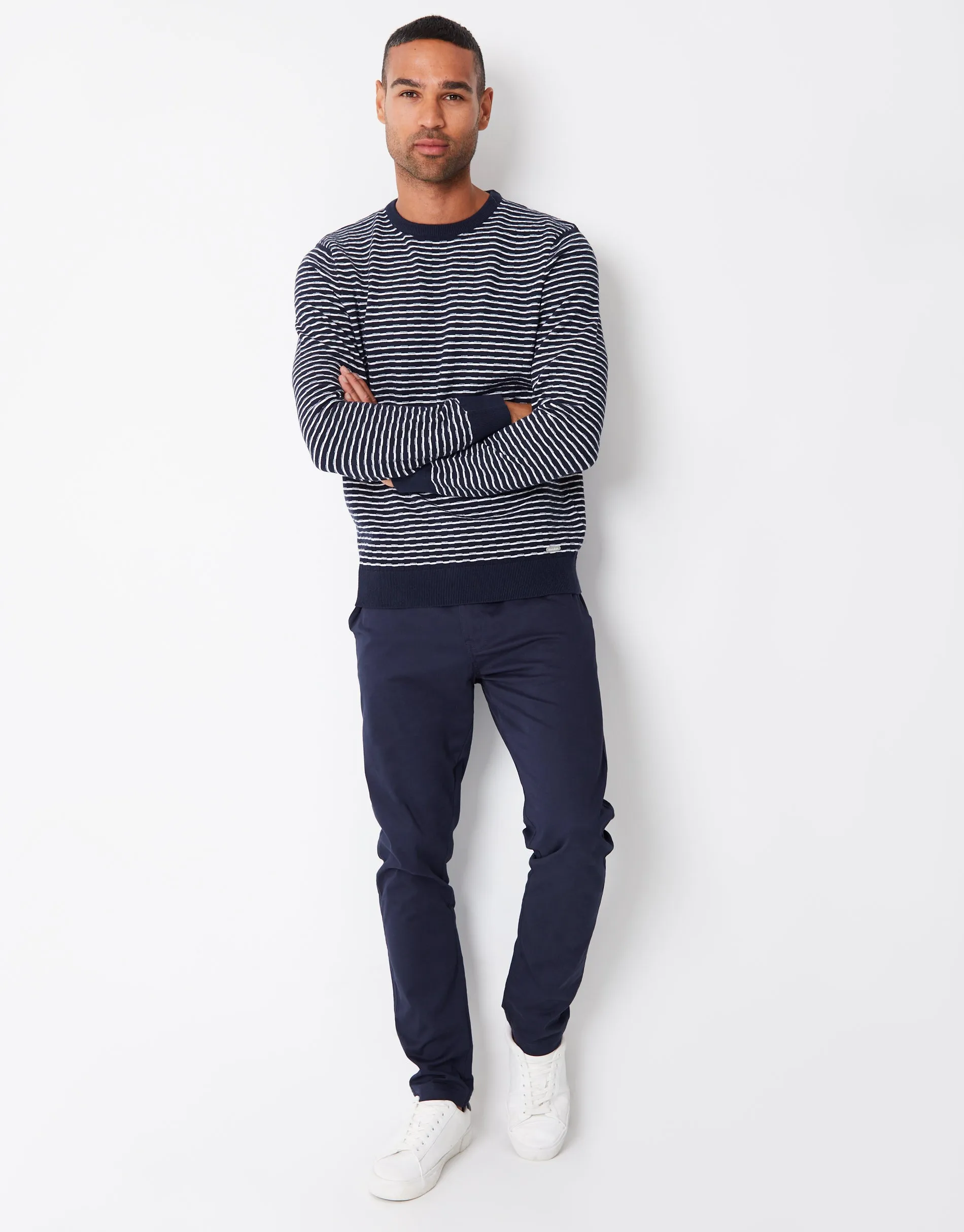 Men's Navy Stripe Textured Knit Crew Neck Jumper sold by Threadbare product image thumbnail 3