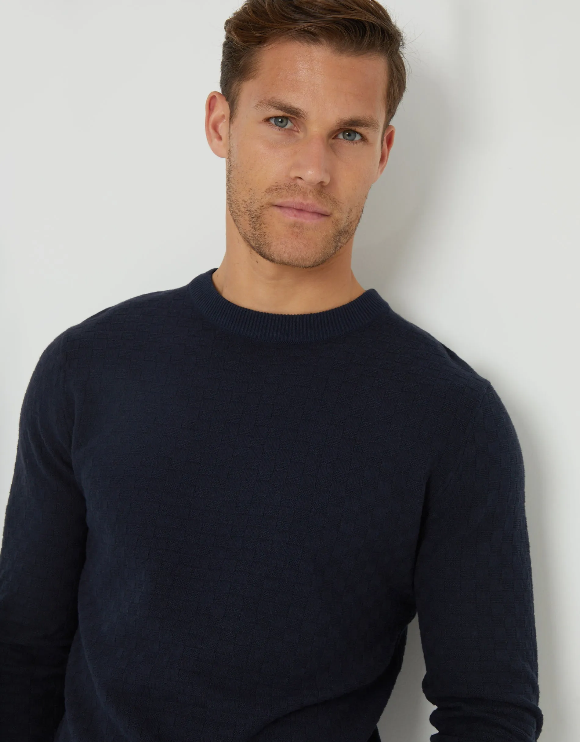 Men's Navy Textured Knit Crew Neck Jumper sold by Threadbare