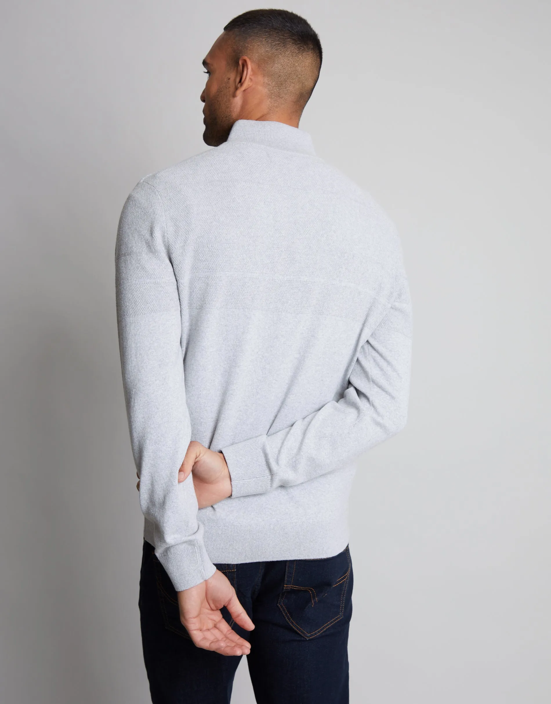 Men's Light Grey Marl Textured Stripe Detail Quarter Zip Jumper sold by Threadbare product image thumbnail 2