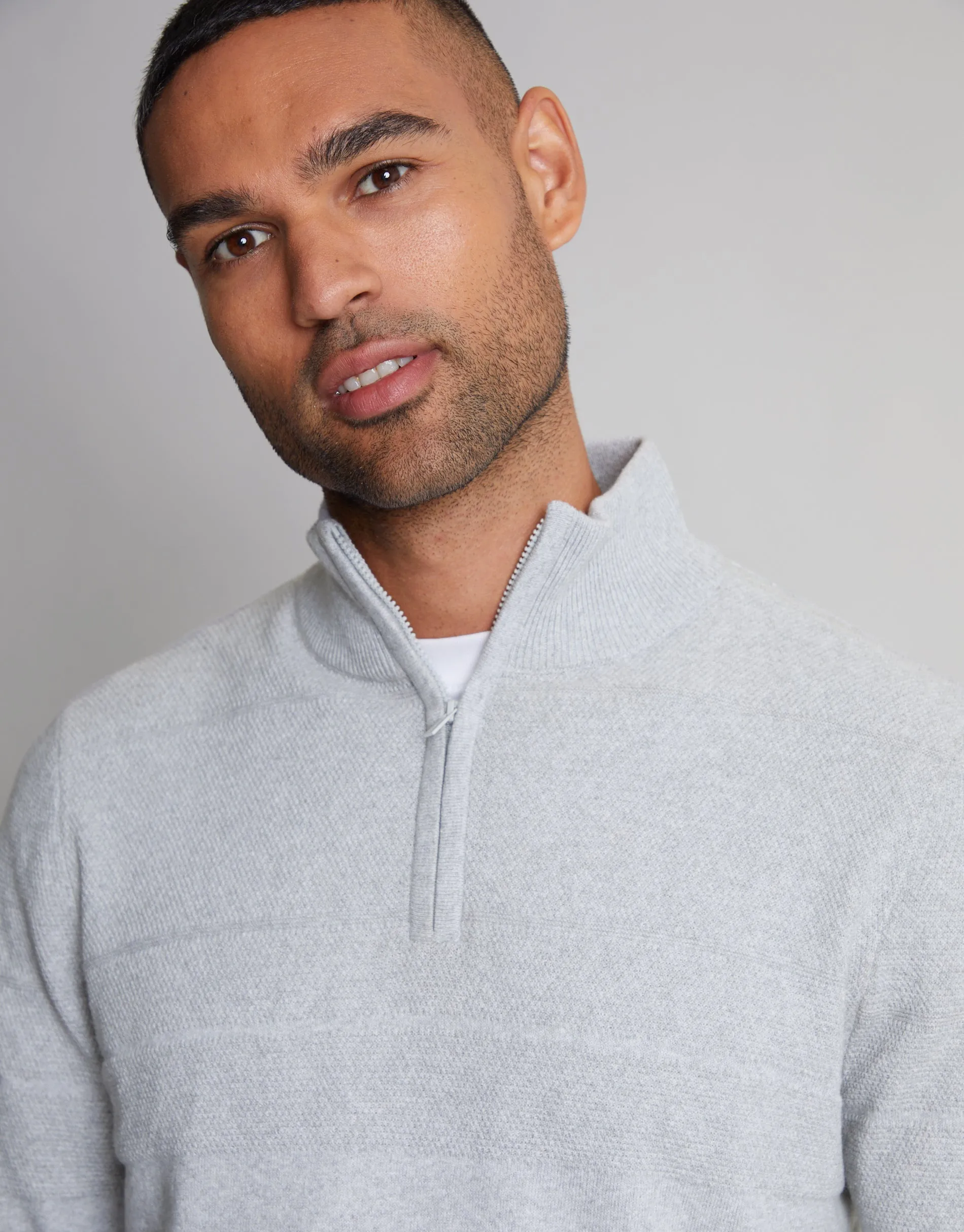 Men's Light Grey Marl Textured Stripe Detail Quarter Zip Jumper sold by Threadbare product image thumbnail 4