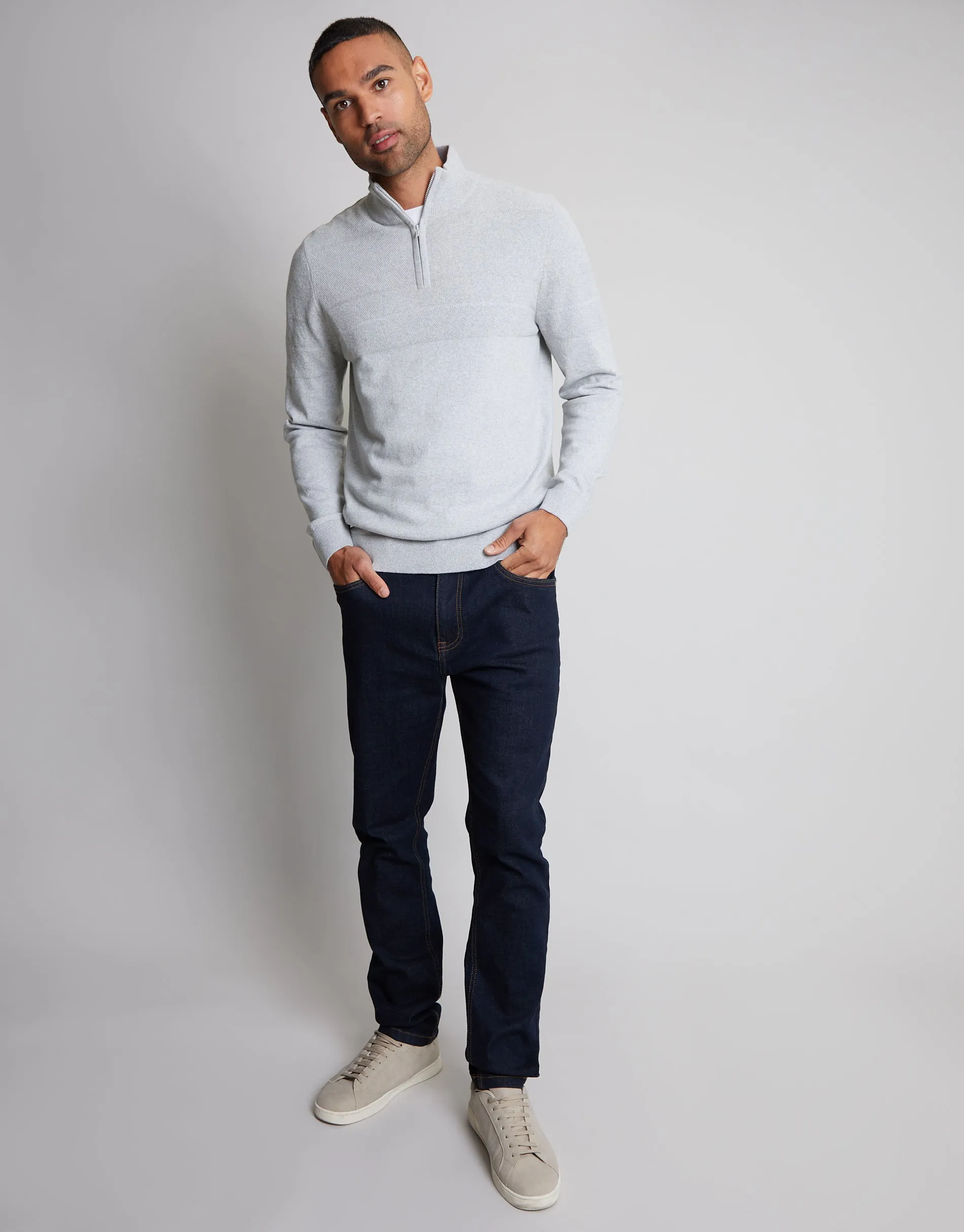 Men's Light Grey Marl Textured Stripe Detail Quarter Zip Jumper sold by Threadbare product image thumbnail 3