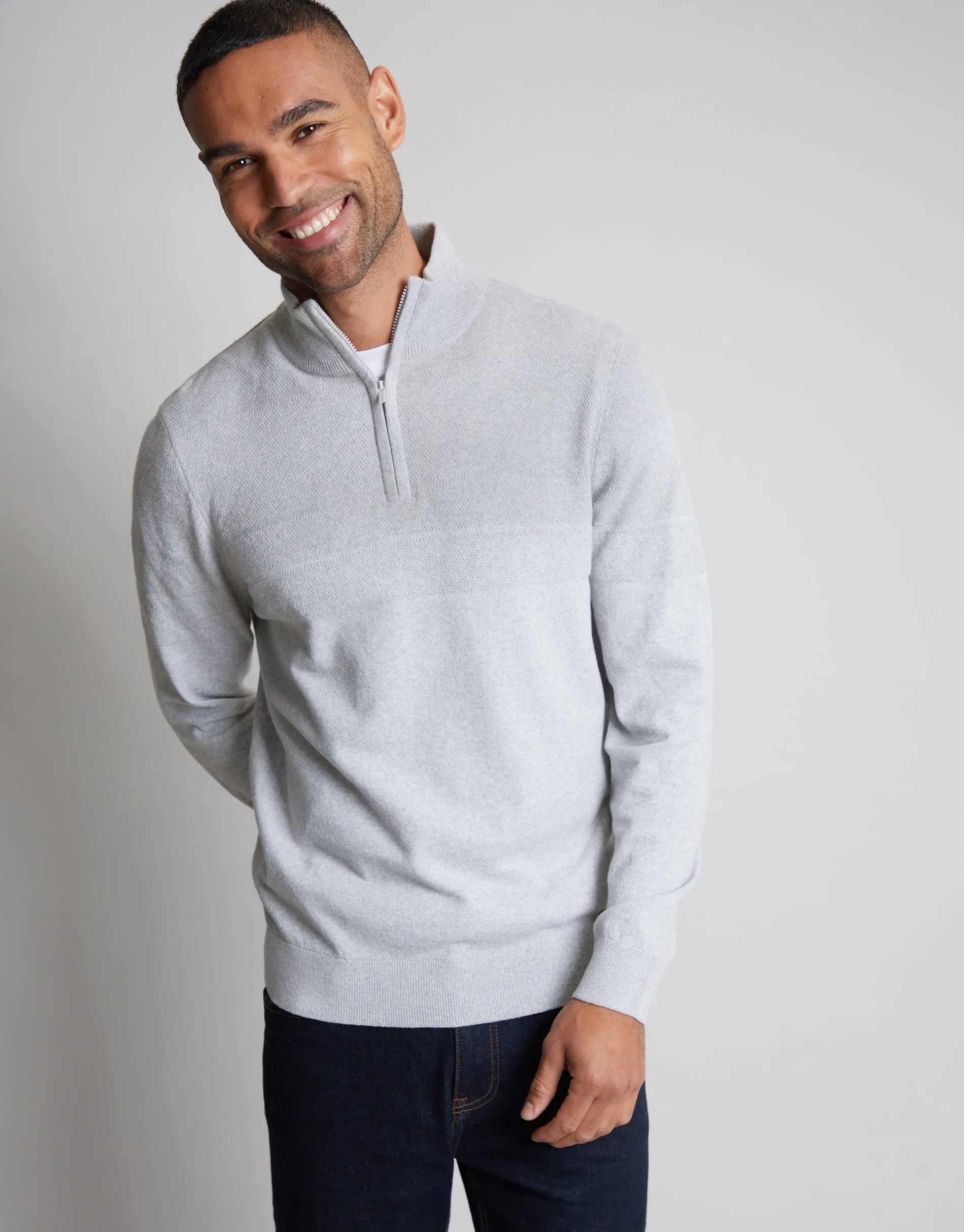 Men's Light Grey Marl Textured Stripe Detail Quarter Zip Jumper sold by Threadbare