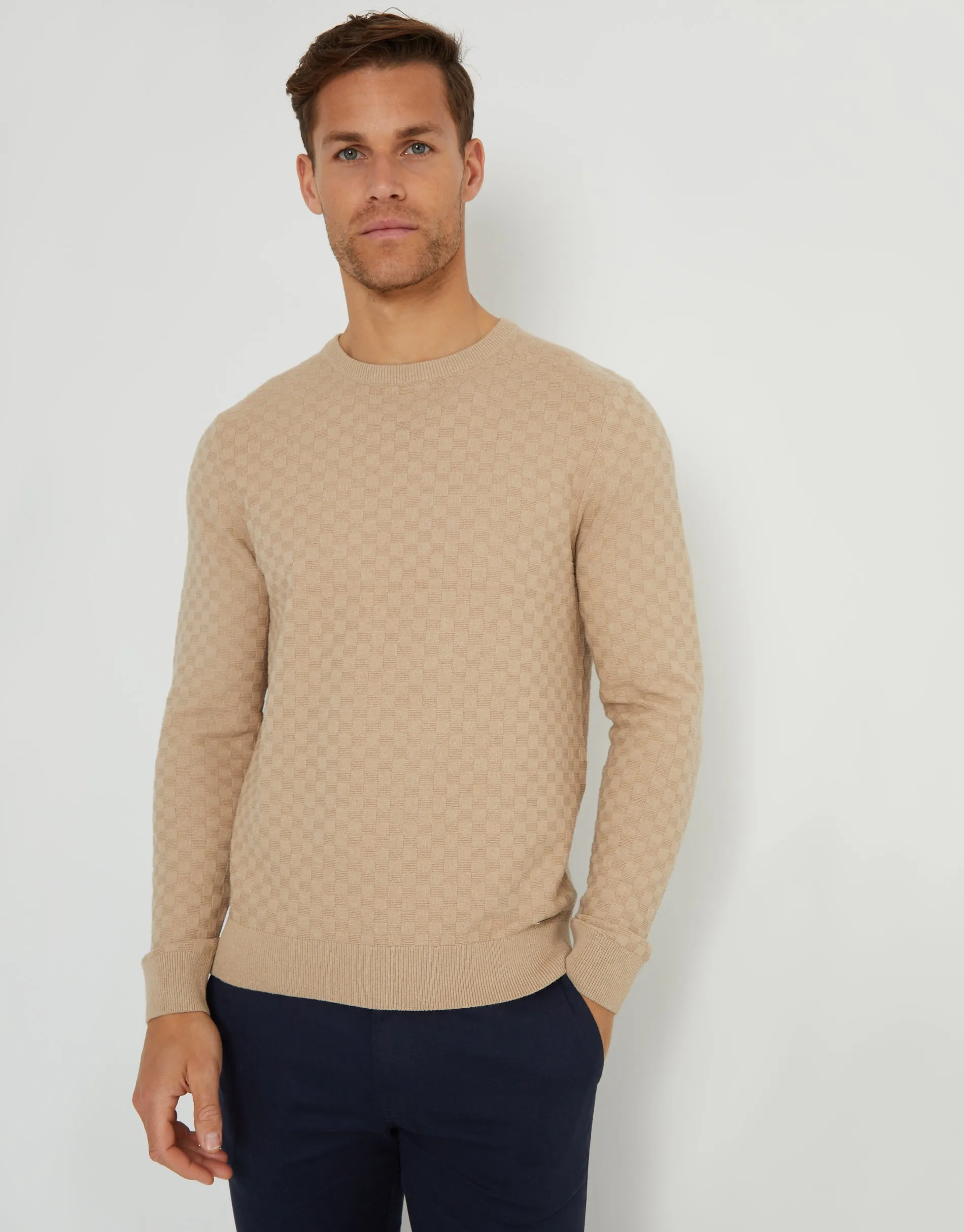 Threadbare Men's Beige Textured Knit Crew Neck Jumper sold by Threadbare