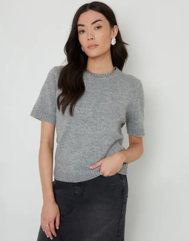Women's Grey Knitted Short Sleeve T-Shirt sold by Threadbare