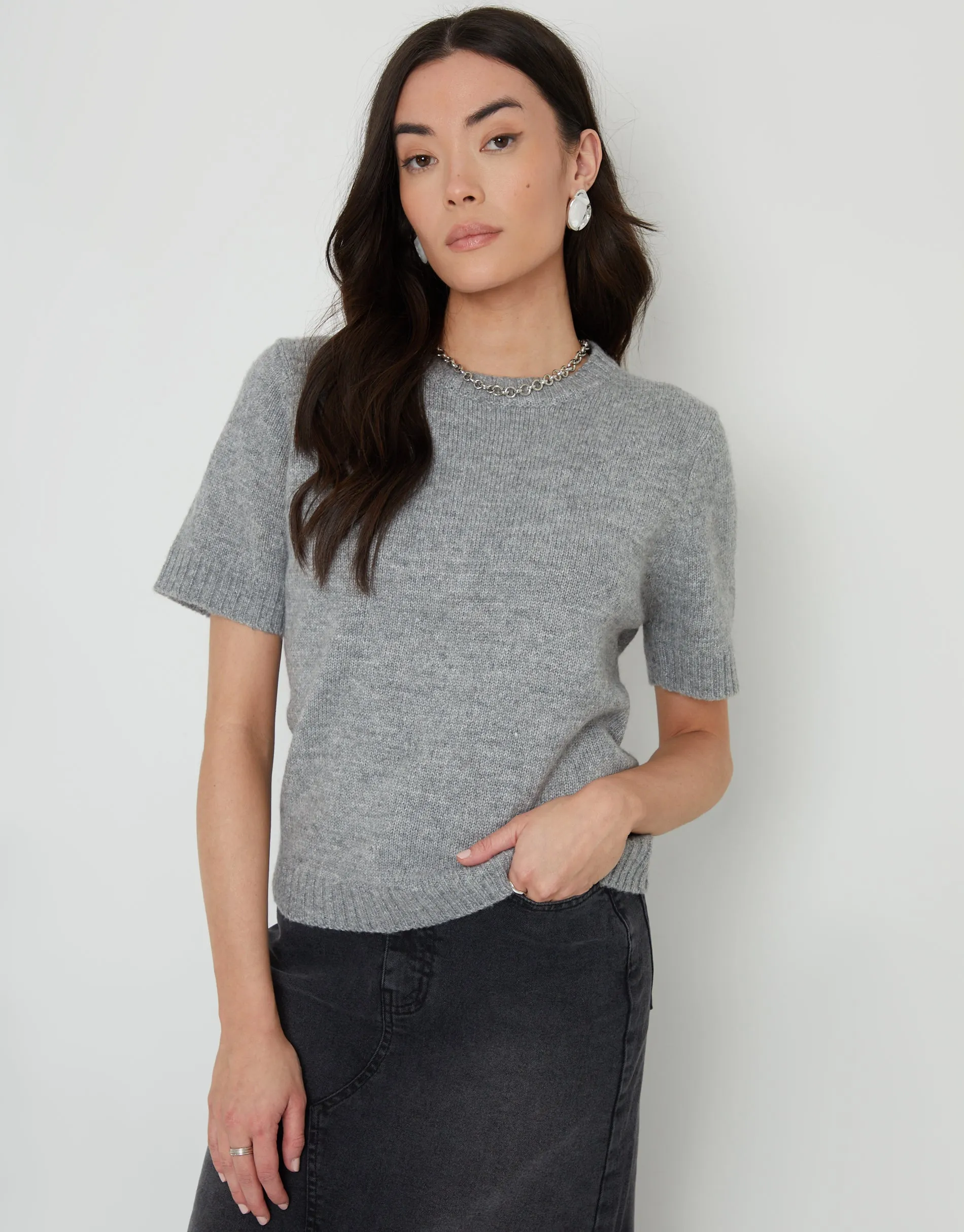 Women's Grey Knitted Short Sleeve T-Shirt sold by Threadbare