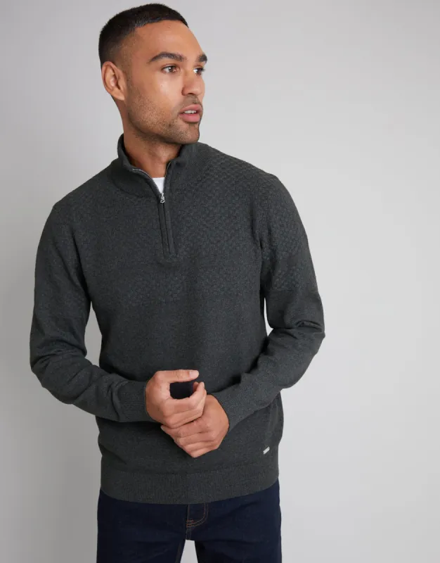 Threadbare Men's Charcoal Grey Basket Stitch Detail Knitted Quarter Zip Jumper sold by Threadbare