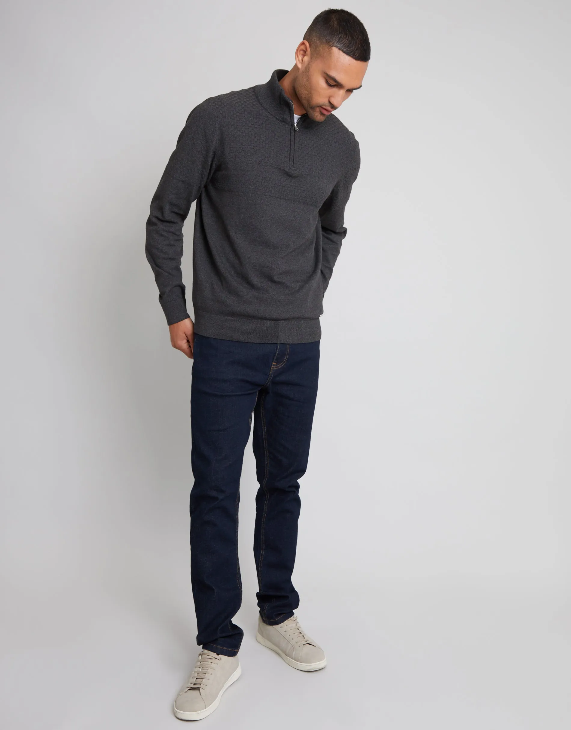 Threadbare Men's Charcoal Grey Basket Stitch Detail Knitted Quarter Zip Jumper sold by Threadbare product image thumbnail 3