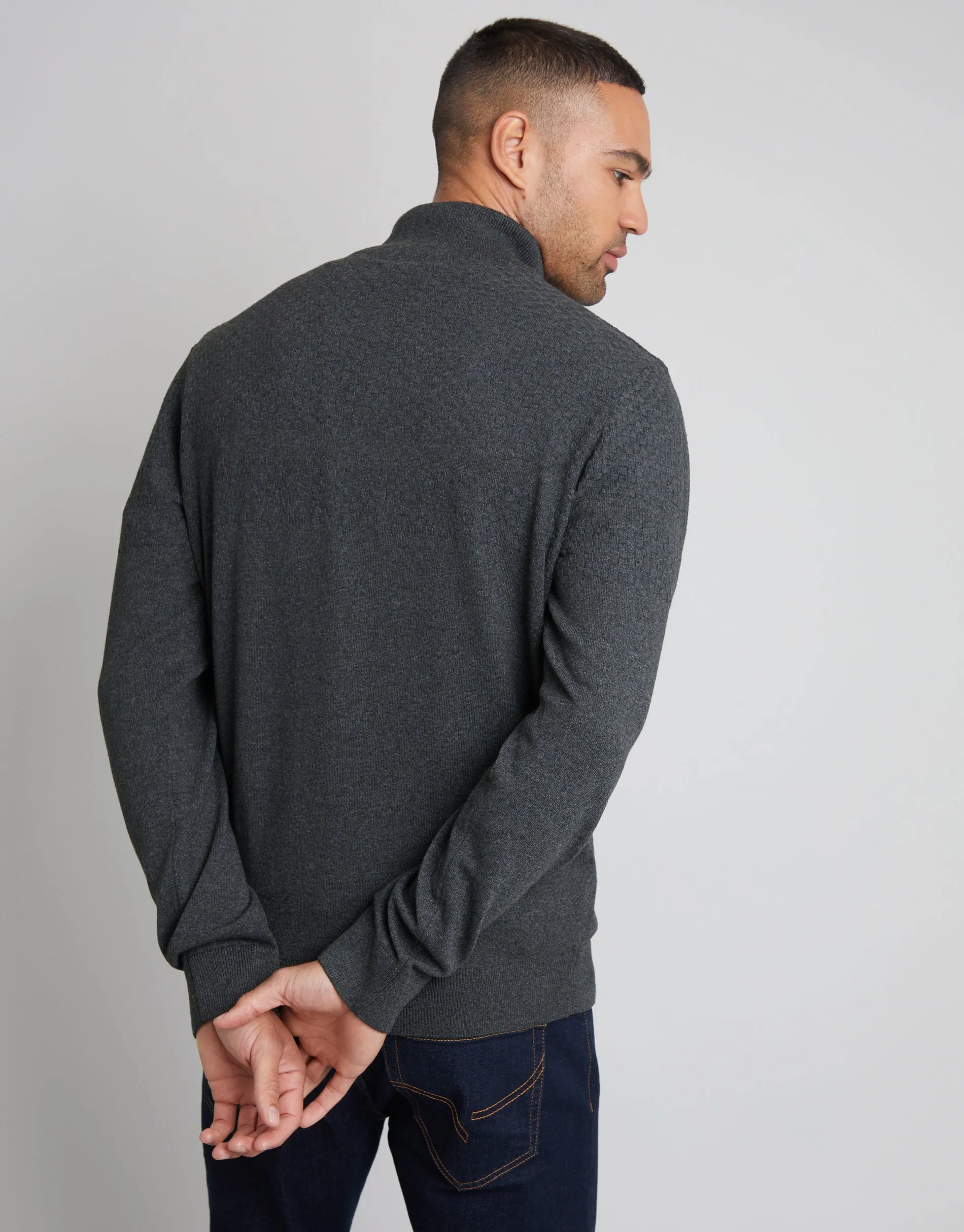 Threadbare Men's Charcoal Grey Basket Stitch Detail Knitted Quarter Zip Jumper sold by Threadbare product image thumbnail 2