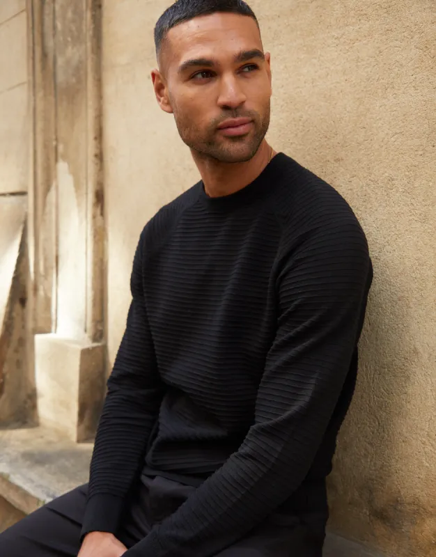 Threadbare Men's Black Textured Stripe Knitted Crew Neck Jumper sold by Threadbare