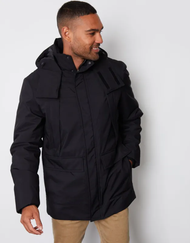 Men's Black Showerproof Patch Pocket Padded Hooded Coat sold by Threadbare