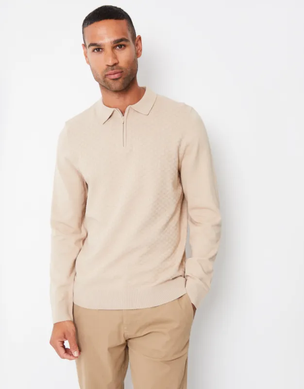 Threadbare Men's Ecru Long Sleeve Quarter Zip Knitted Polo Jumper sold by Threadbare