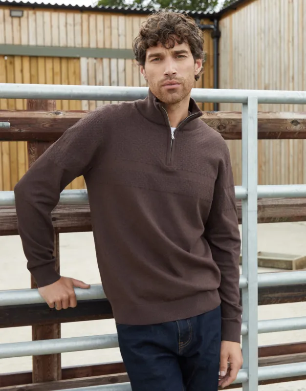 Threadbare Men's Brown Basket Stitch Detail Knitted Quarter Zip Jumper sold by Threadbare