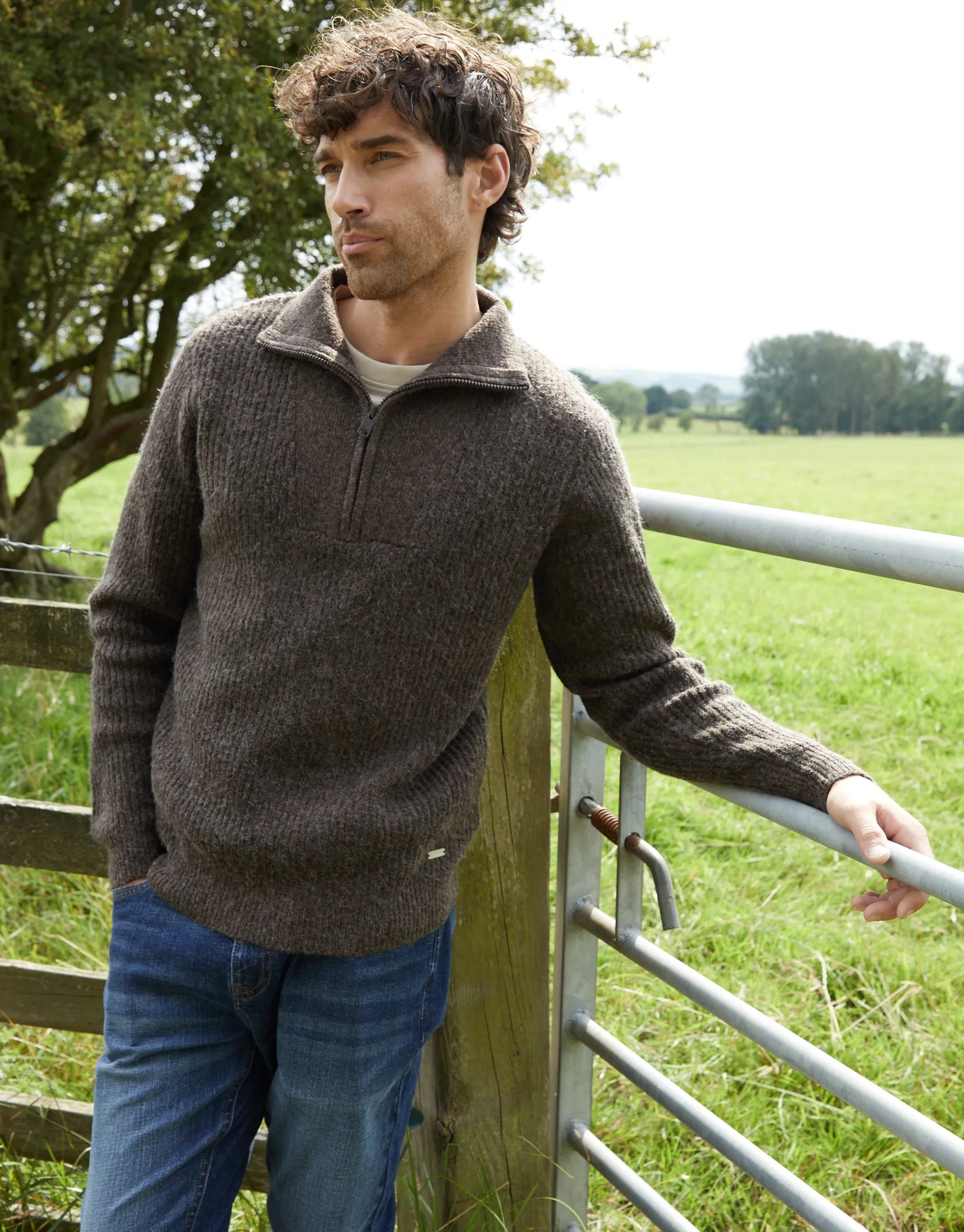 Men's Brown Marl Knitted Quarter Zip Jumper sold by Threadbare