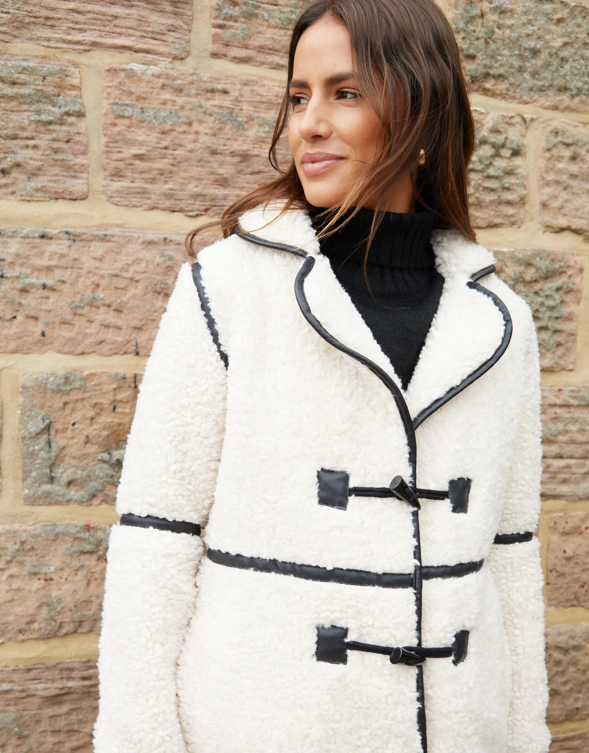 Threadbare Women's Ecru Longline Fleece Borg Toggle Coat sold by Threadbare product image thumbnail 4