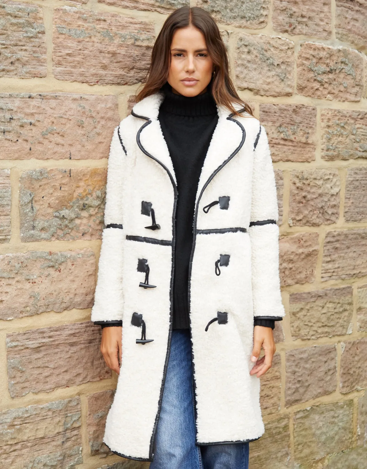 Threadbare Women's Ecru Longline Fleece Borg Toggle Coat sold by Threadbare