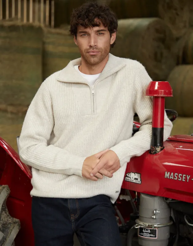 Threadbare Men's Ecru Marl Knitted Quarter Zip Jumper sold by Threadbare