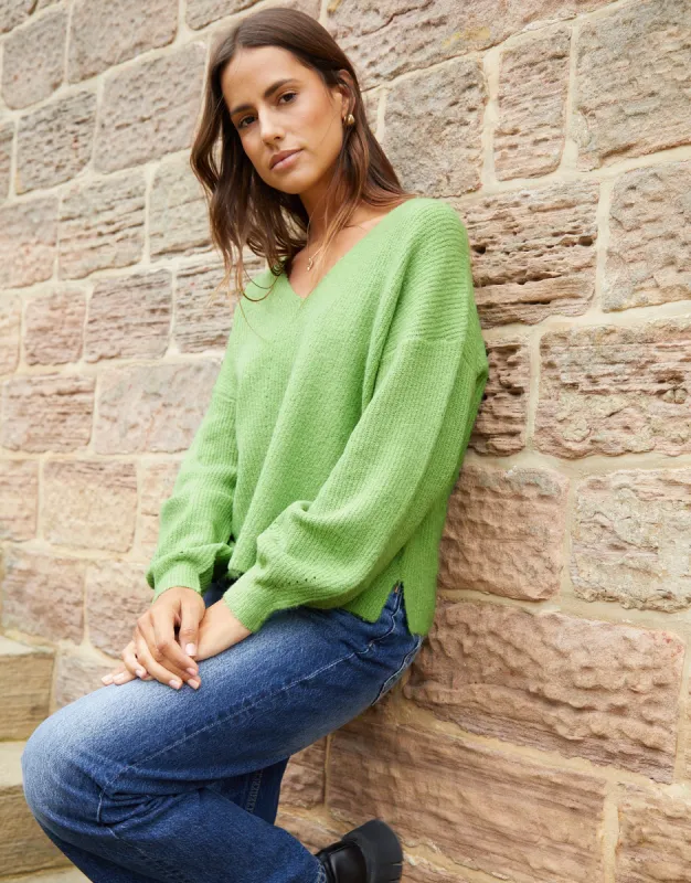 Women's Lime Green Ribbed V Neck Jumper sold by Threadbare