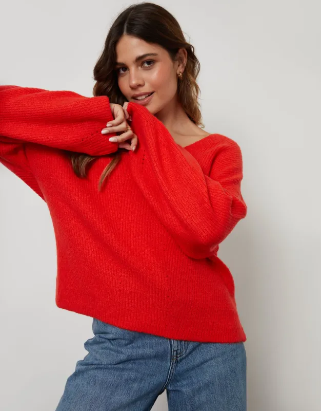 Women's Red Ribbed V Neck Jumper sold by Threadbare
