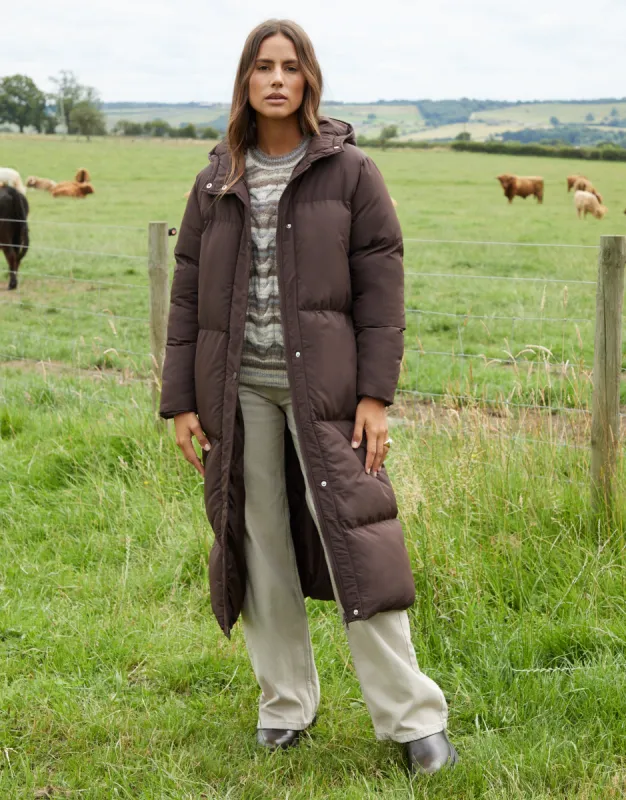 Chocolate Brown Maxi Puffer Jacket sold by Threadbare
