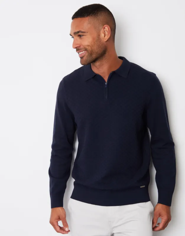 Men's Navy Long Sleeve Quarter Zip Knitted Polo Jumper sold by Threadbare