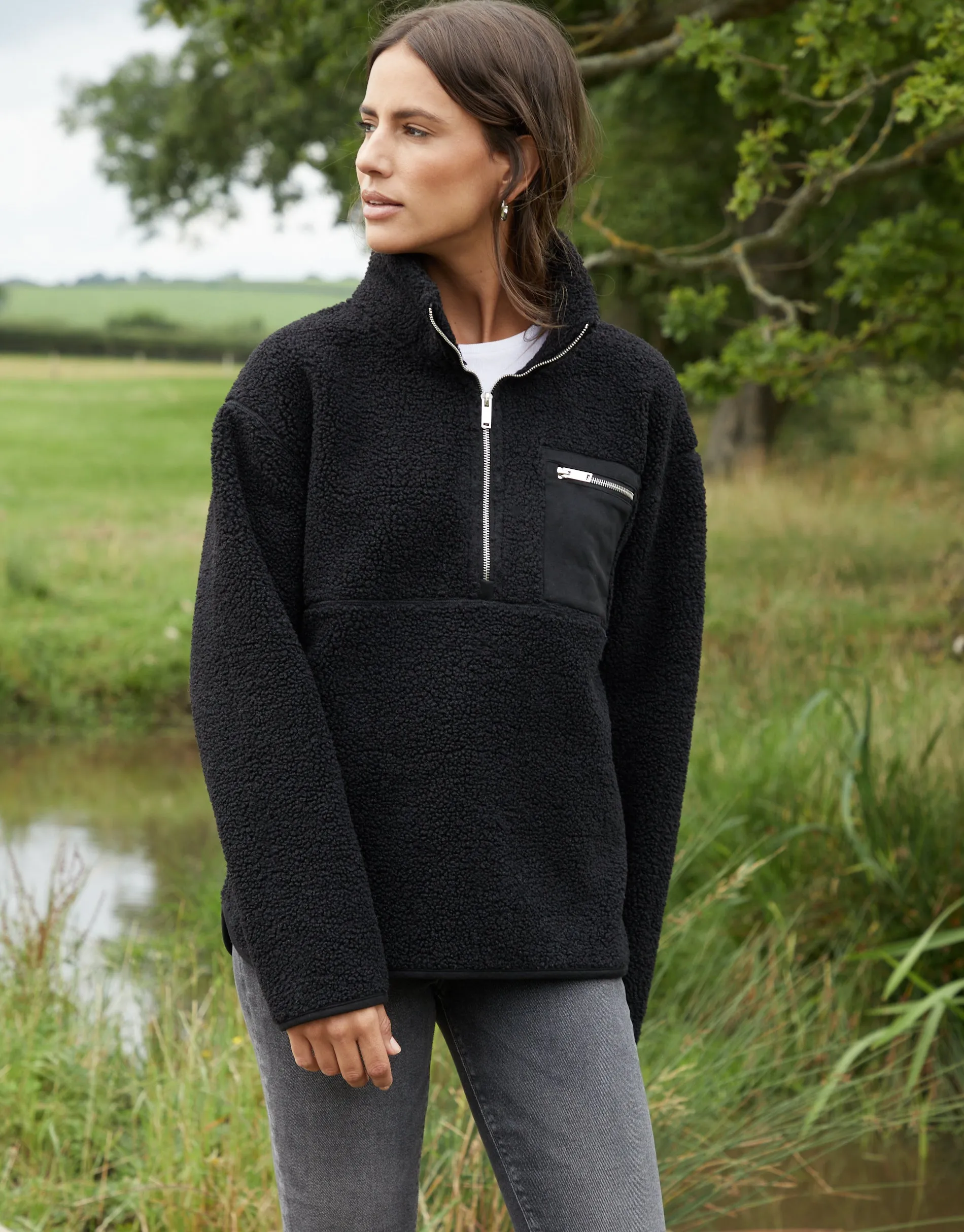 Black Half Zip Borg Fleece sold by Threadbare