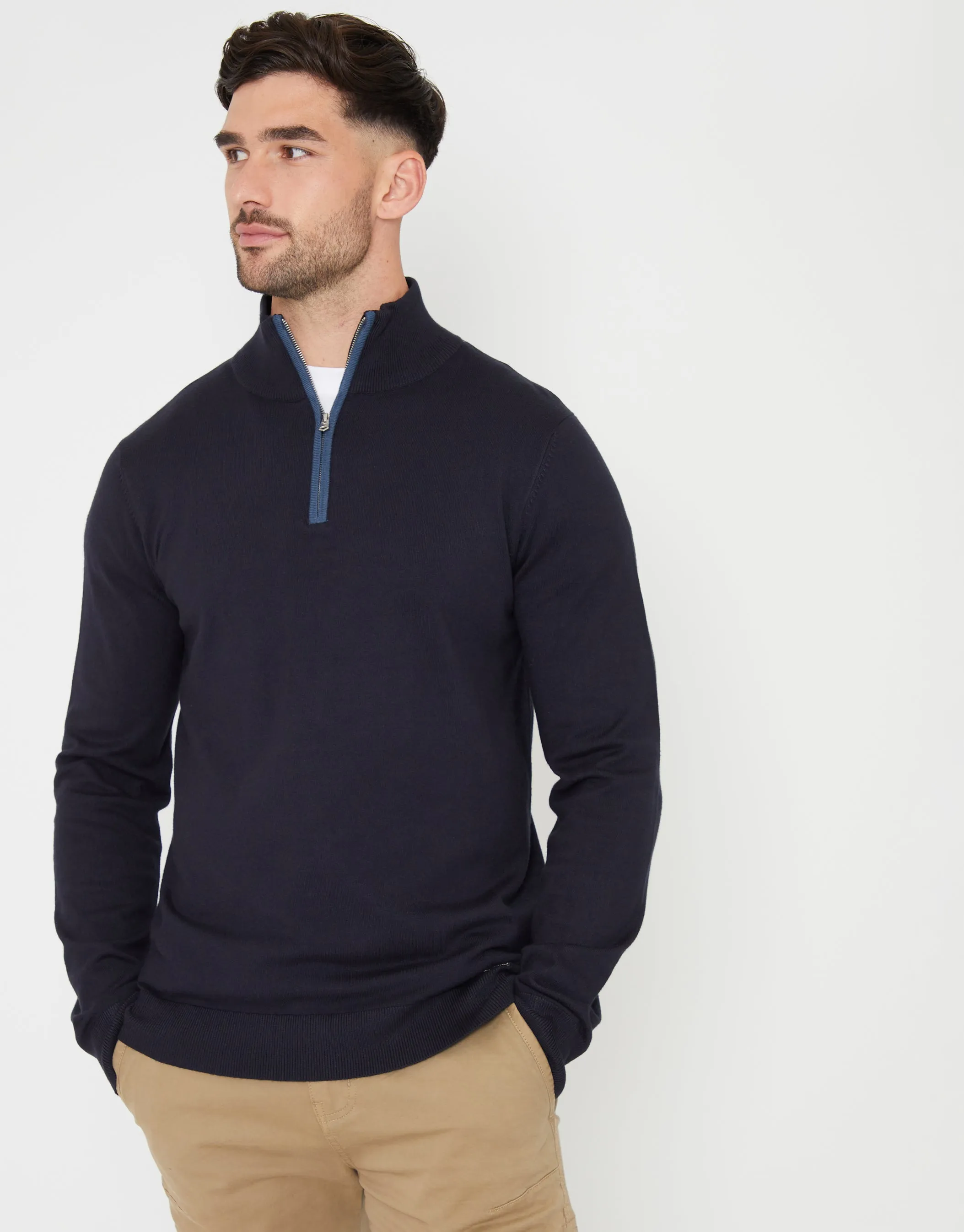 Men's Navy Funnel Neck Quarter Zip Knitted Jumper sold by Threadbare