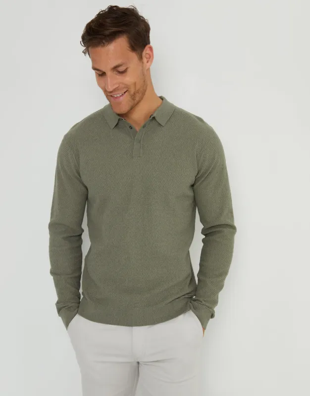 Threadbare Men's Khaki Green Long Sleeve Popper Fastening Knitted Polo sold by Threadbare