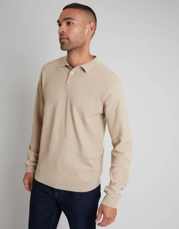 Camel Brown Long Sleeve Popper Fastening Knitted Polo sold by Threadbare