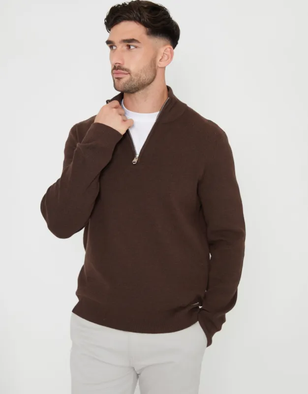 Men's Brown Knitted Quarter Zip Jumper sold by Threadbare