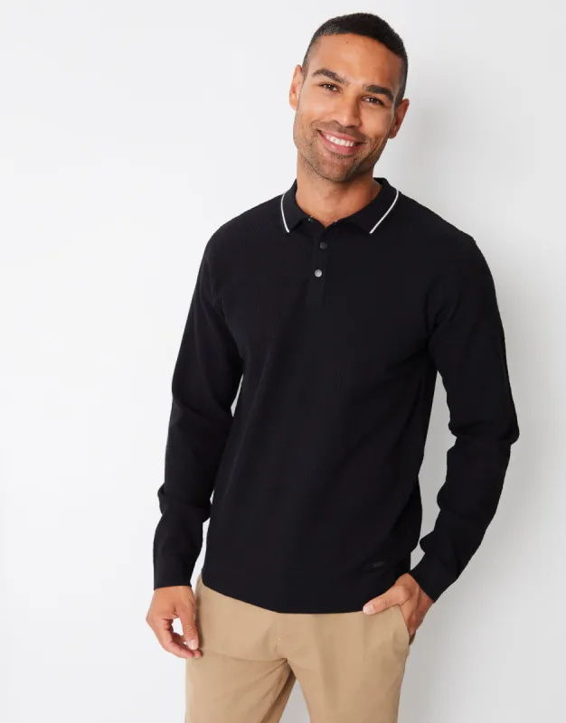 Threadbare Men's Black Textured Knitted Long Sleeve Polo Jumper sold by Threadbare
