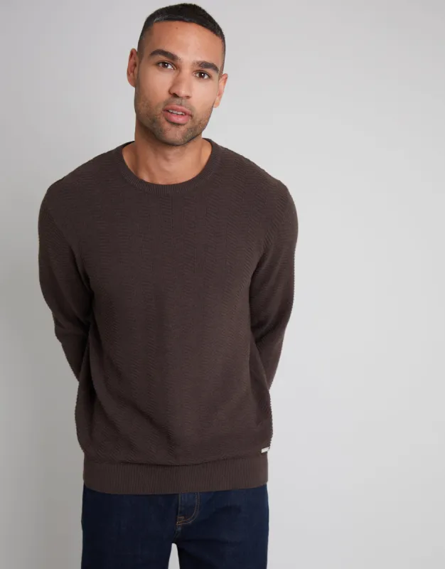 Men's Brown Textured Knitted Crew Neck Jumper sold by Threadbare
