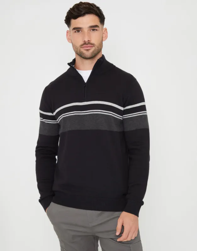 Threadbare Men's Black Colourblock Quarter Zip Knitted Jumper sold by Threadbare