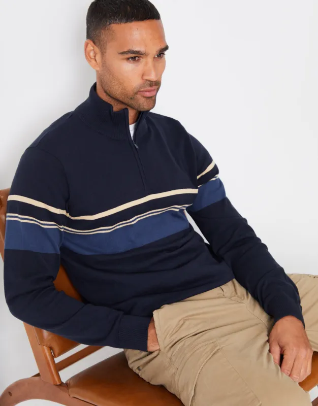 Threadbare Men's Navy Colourblock Quarter Zip Knitted Jumper sold by Threadbare