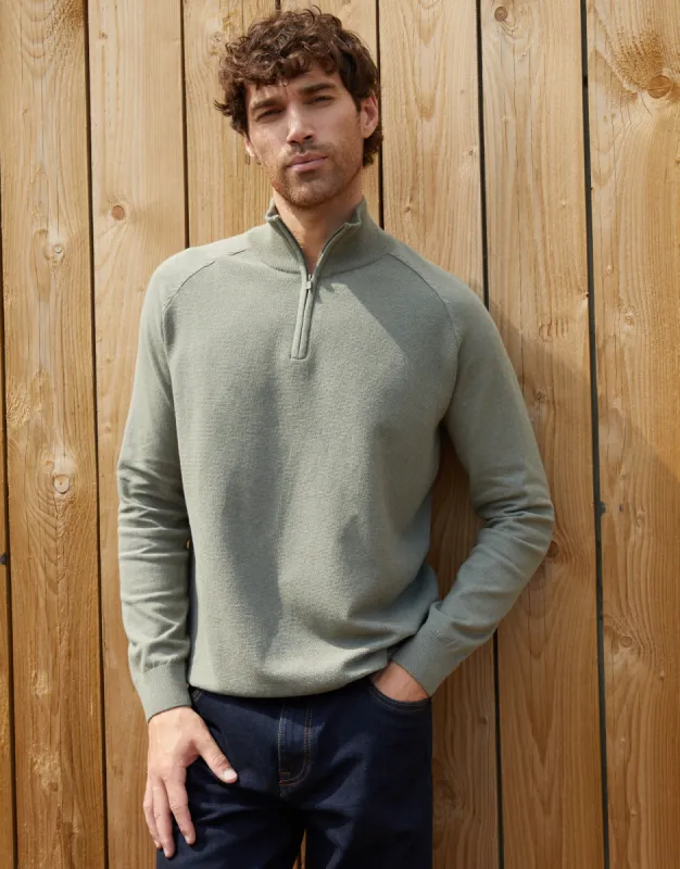Threadbare Men's Khaki Green Raglan Knitted Quarter Zip Jumper sold by Threadbare