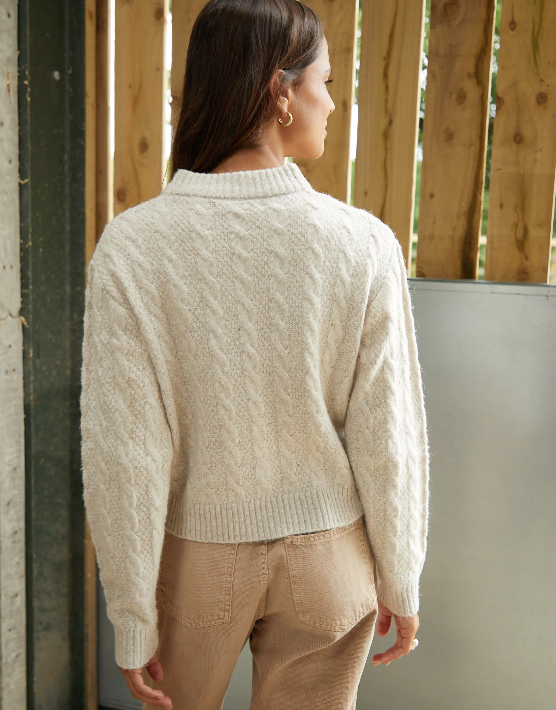 Women's Beige Cable Knit Zip-Up Bomber Jacket sold by Threadbare product image thumbnail 2