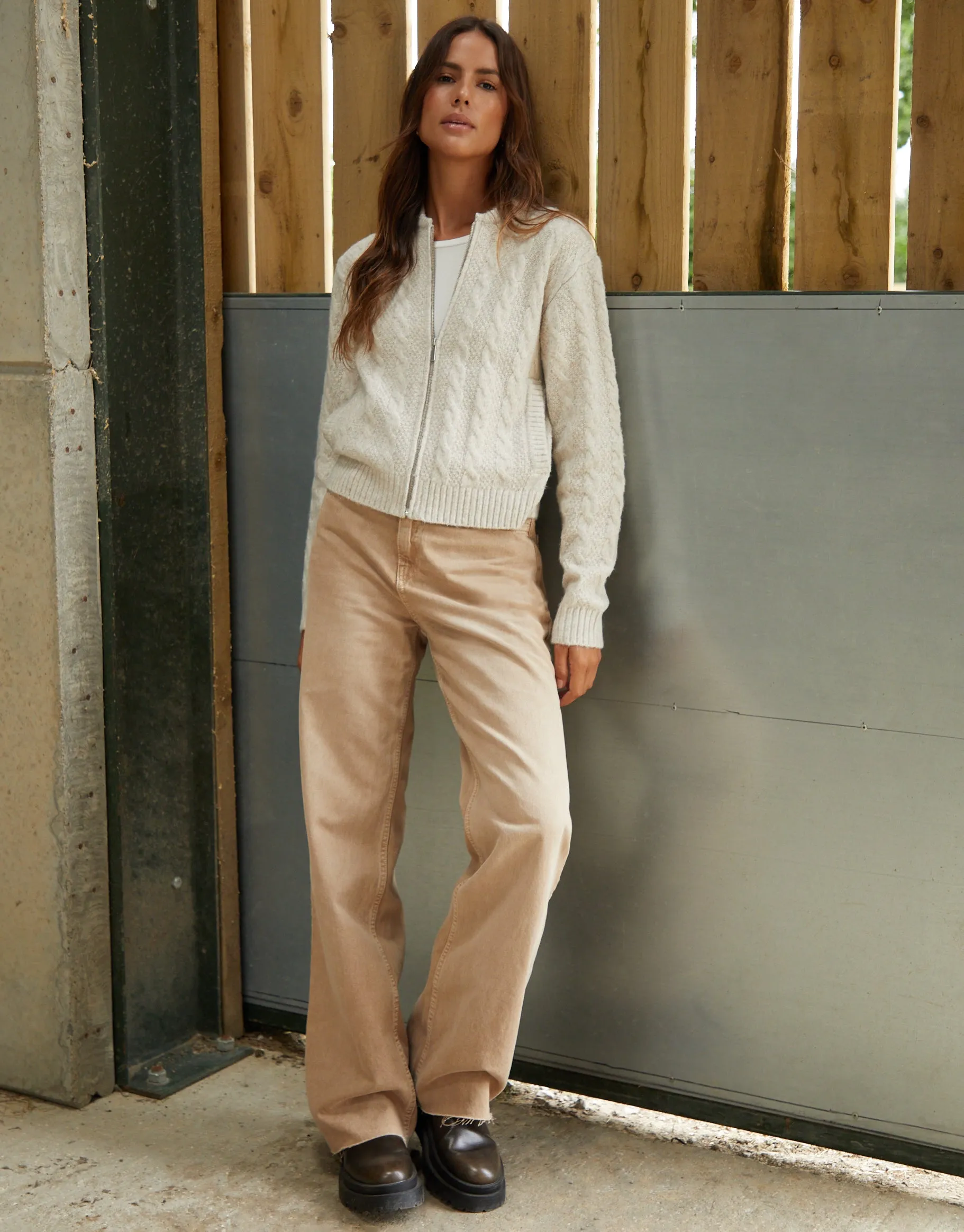 Women's Beige Cable Knit Zip-Up Bomber Jacket sold by Threadbare product image thumbnail 3