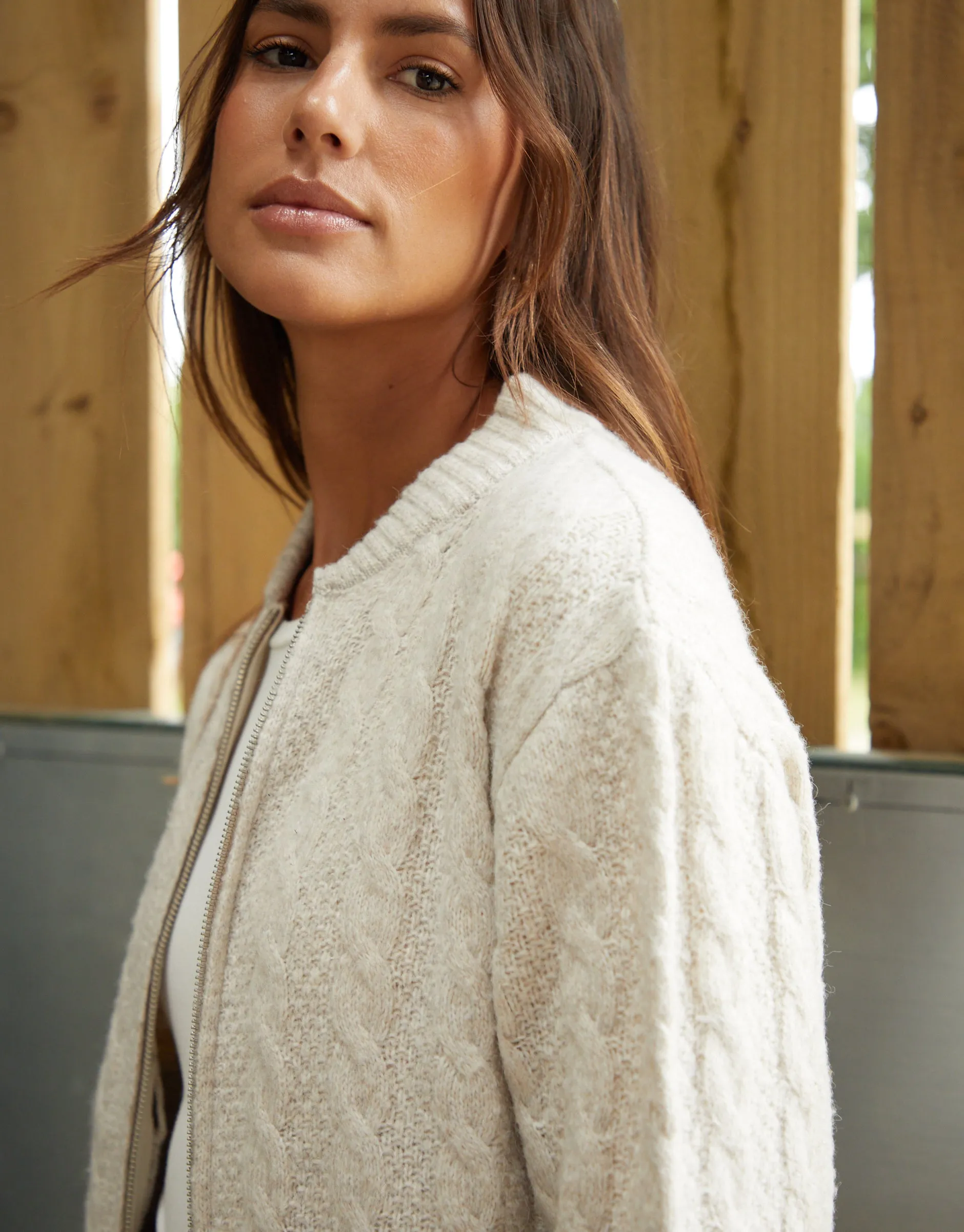 Women's Beige Cable Knit Zip-Up Bomber Jacket sold by Threadbare product image thumbnail 5