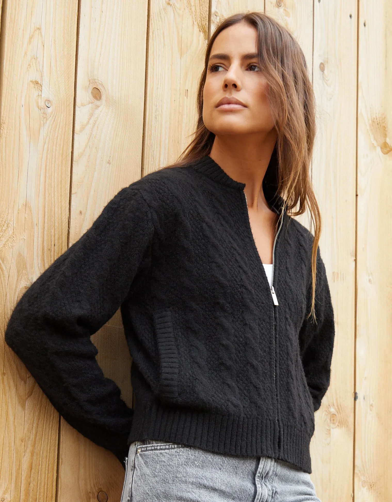 Women's Black Cable Knit Zip-Up Bomber Jacket sold by Threadbare