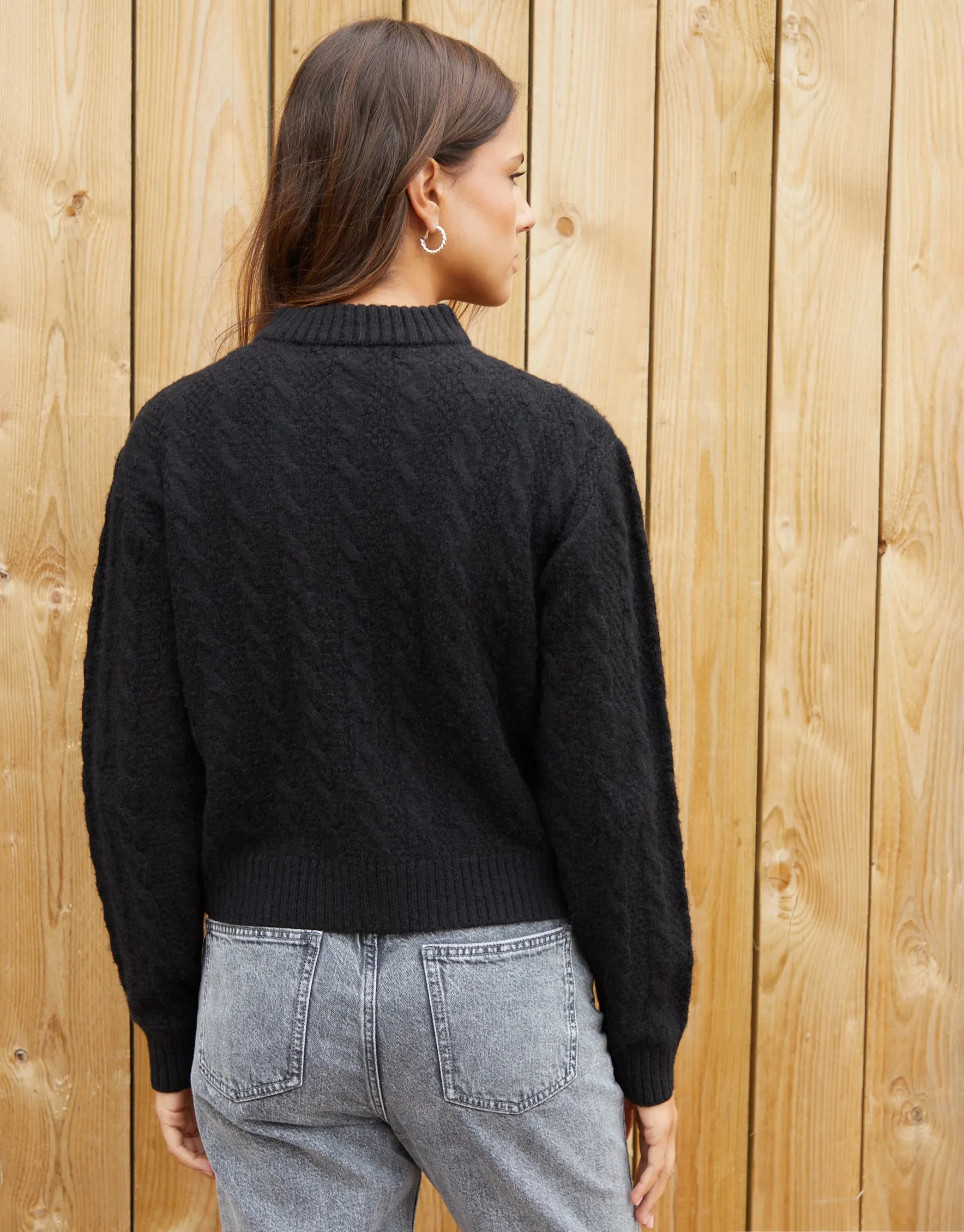 Women's Black Cable Knit Zip-Up Bomber Jacket sold by Threadbare product image thumbnail 2