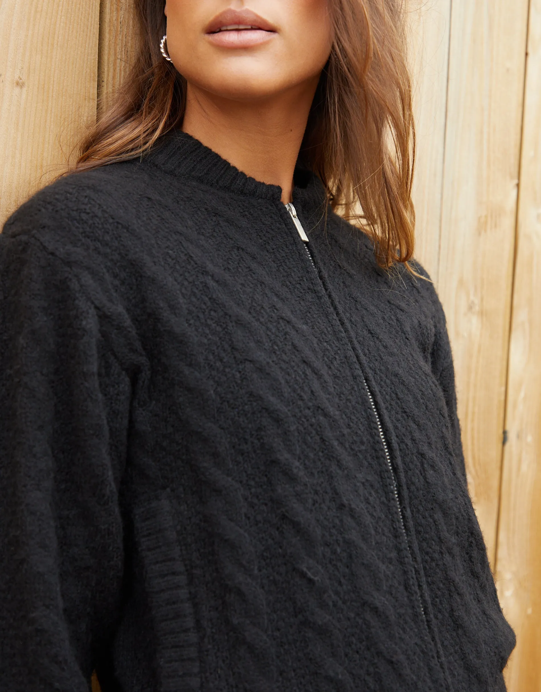 Women's Black Cable Knit Zip-Up Bomber Jacket sold by Threadbare product image thumbnail 4