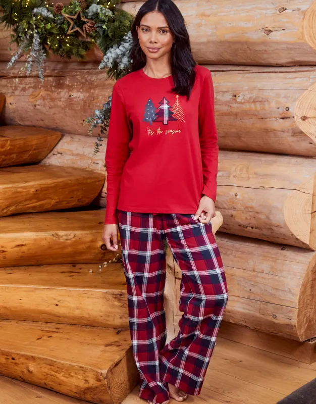 Women's Red Tartan Check Long Sleeve Christmas Pyjamas (2-Piece Set) sold by Threadbare