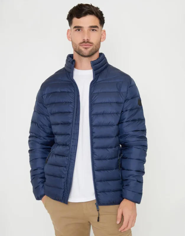 Men's Navy Matte Finish Padded Funnel Neck Jacket sold by Threadbare