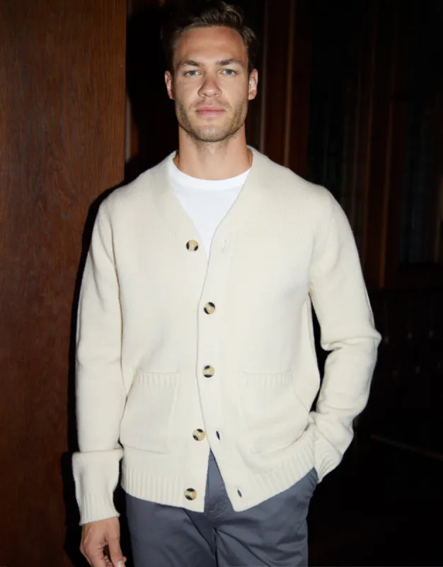 Men's Ecru Knitted V-Neck Cardigan sold by Threadbare