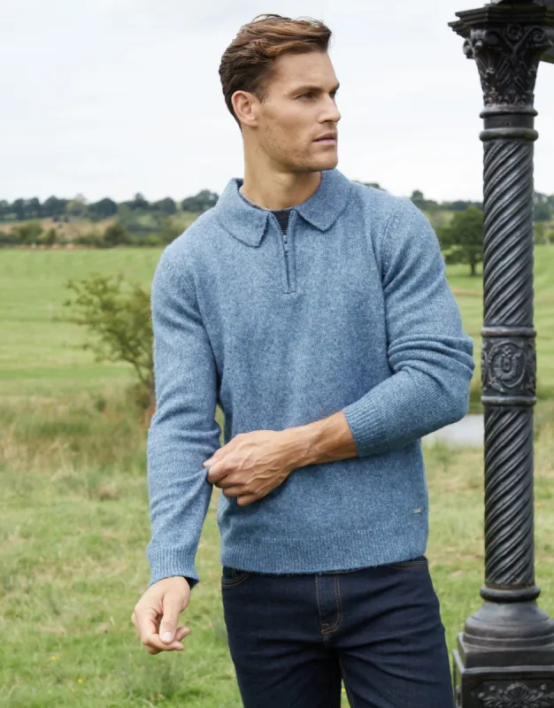 Men's Denim Blue Long Sleeve Quarter Zip Polo Jumper sold by Threadbare