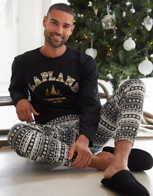 Men's Black Lapland Fairisle Long Sleeve Christmas Pyjamas (2-Piece Set) sold by Threadbare
